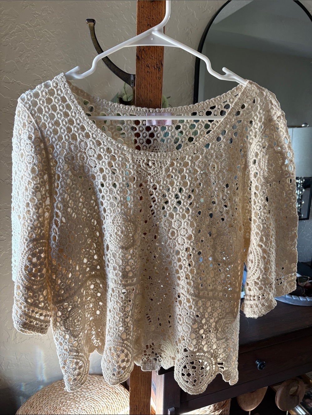Pink Lily Cream Crochet Lace Tunic Top